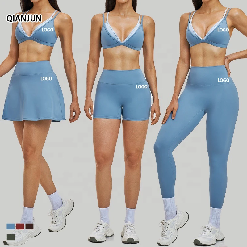 Shockproof Breathable 4-Piece Gym Set Solid Front Fitness Top Tennis Skirt Halter Sports Bra Four-Way Stretch Yoga Leggings