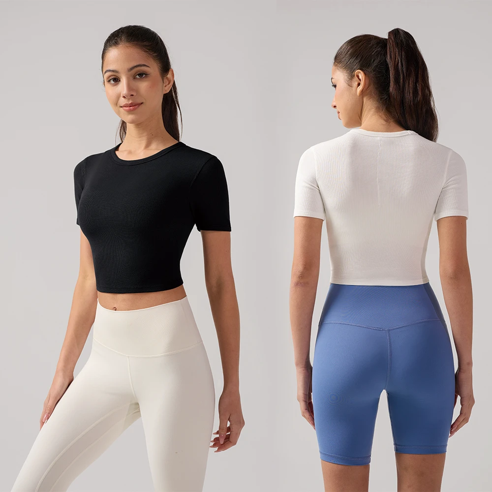 Women's Summer Crew Neck Short Sleeve T Shirt Cropped Slim Fit Slimming Ribbed Yoga Top Breathable Quick Dry Sports Top