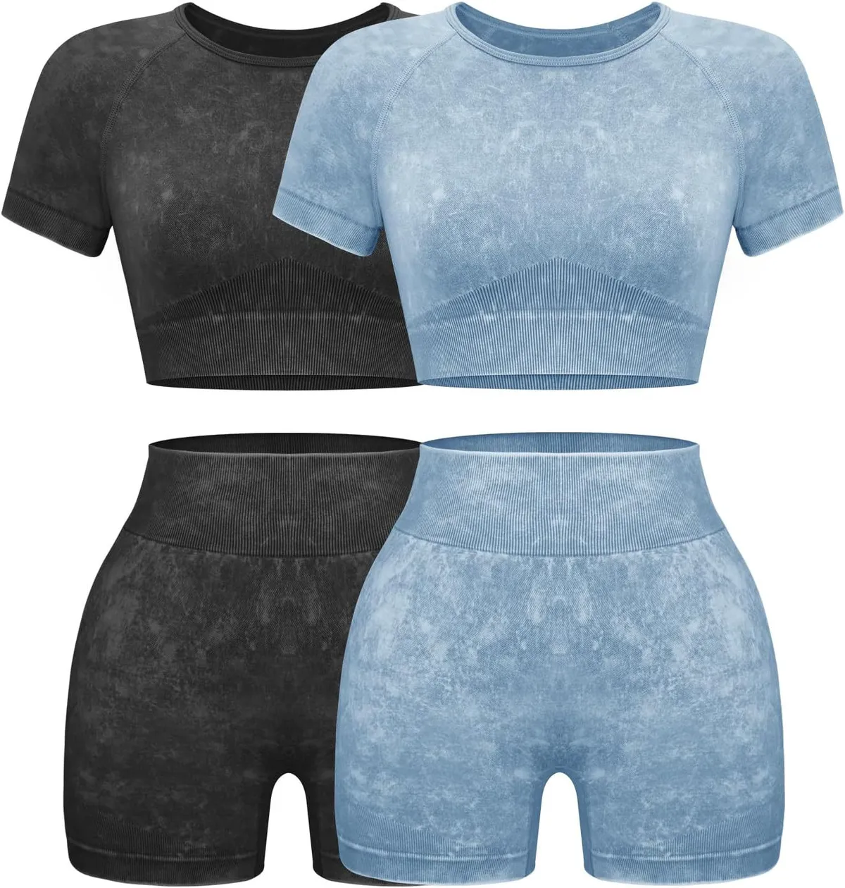Women's Casual Seamless Ribbed 2 Piece Workout Set Short Sleeve Crop Top High Waist Knee Yoga Shorts Solid Breathable Cotton