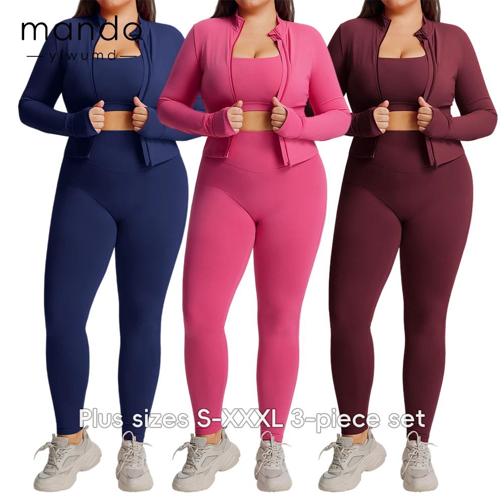 European American Plus Size XXXL Yoga Set Breathable High Elastic Knit Fabric 3 Piece Gym Set Women