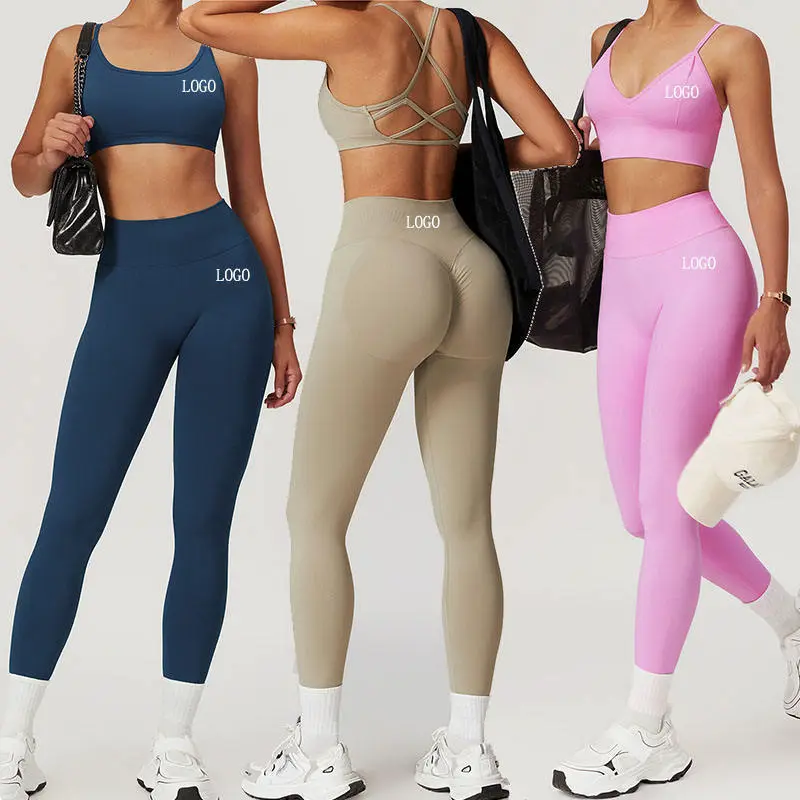 Custom Women's Workout Set Wholesale Sports Gym Crop Top Tights Plus Size Fitness Active Sports Seamless Custom Yoga Set