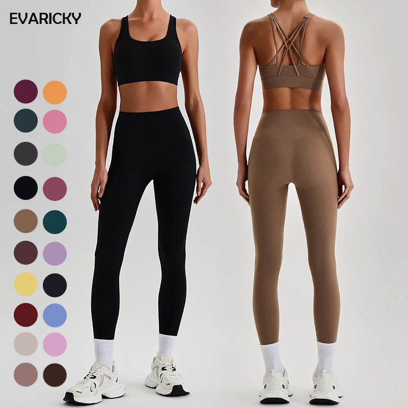 EVARICKY 2 Piece Yoga Set Strappy Sports Bra Gym Clothes Set High Waist Leggings Yoga Outfits Running Workout Sets for Women