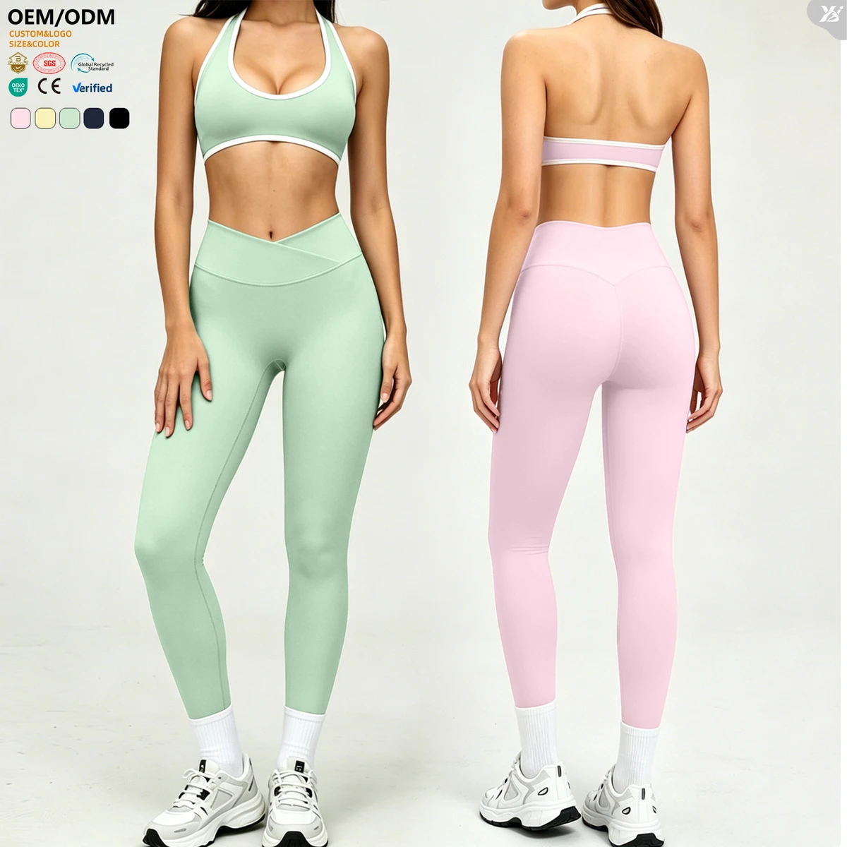 AWX6001+ACK6001 Wholesale Halter Skin Friendly Activewear Logo Custom Women Fitness Sports Suit No Pilling Women Yoga Set