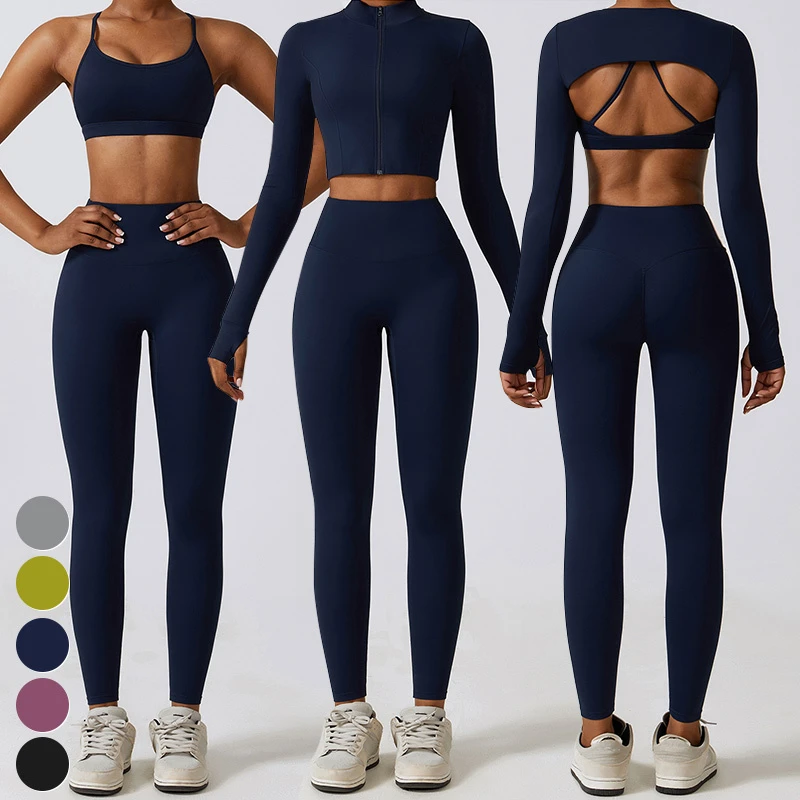 Women's High Quality Quick Dry Breathable Sportswear 3 Piece Gym Fitness Set Includes Sports Bra Crop Top Leggings-for Yoga