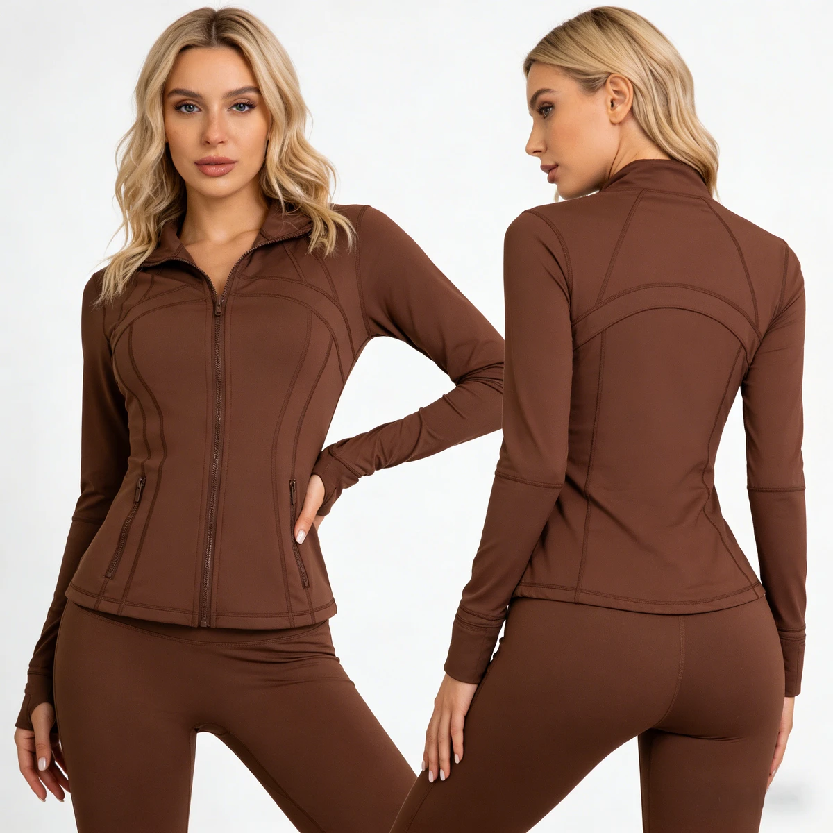 BOKIM Women's Spring New Workout Activewear Sexy High Waist Leggings Full Zipper Comfortable Jacket 2 Pieces Breathable Solid