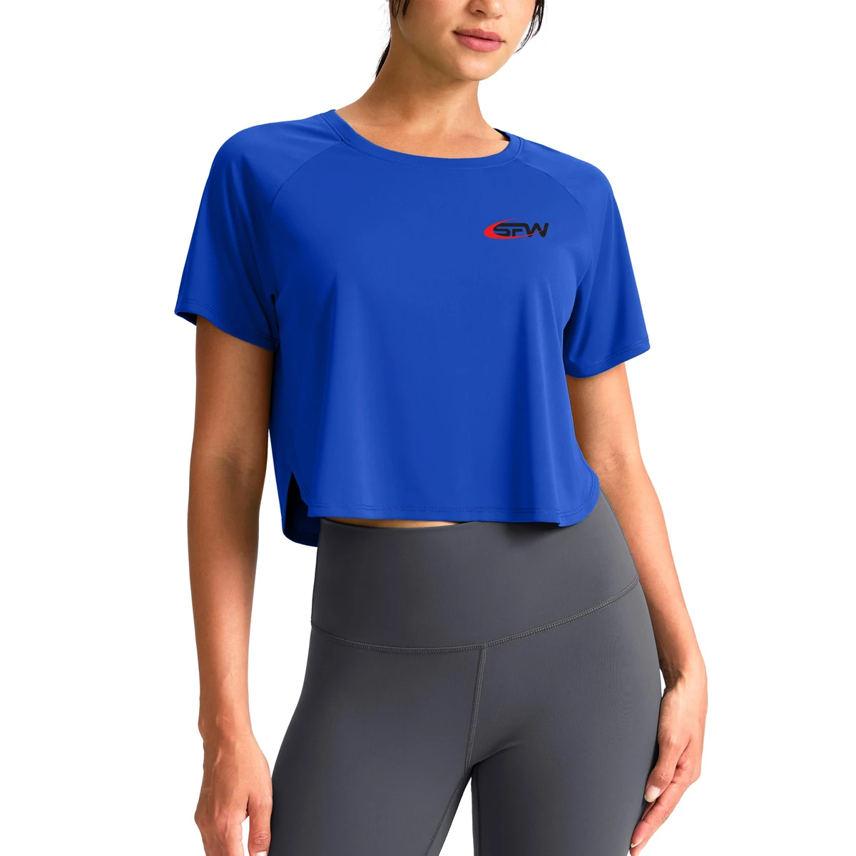 Women Workout Crop Top Breathable Seamless Polyester Spandex Fabric Stretch Regular Fit Half Sleeve Crew Neck 140g Front Yoga