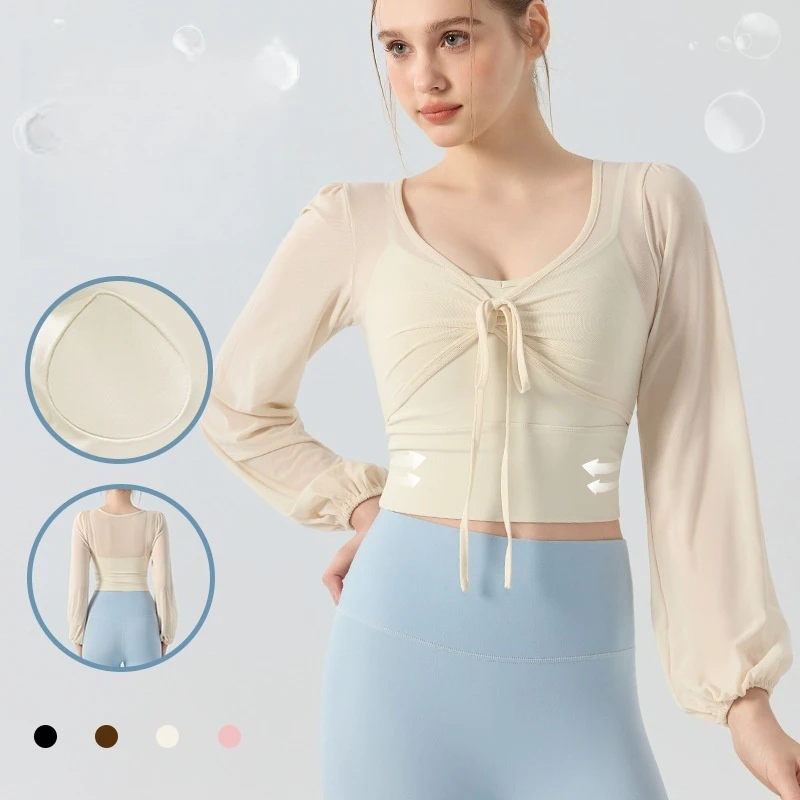 Women's Bowknot Mesh Long Sleeve T Shirt High Elasticity with Chest Pads Quick Drying Sports Fitness Top Yoga Clothing
