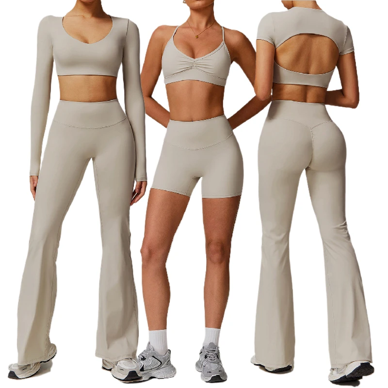 Women's Gym Breathable Yoga Set New Sports Bra Long Sleeve Flared Pants Solid Leggings 2pcs Short Sportswear