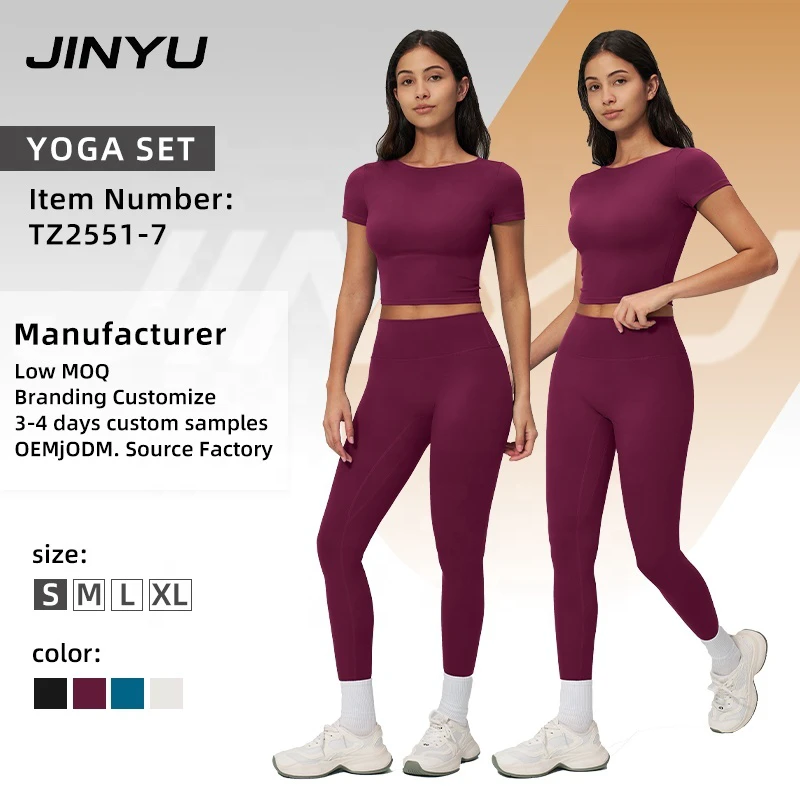 JINYU Custom Yoga Wear Sport Long Sleeve Twist Crop Tops Fitness Set Top High Waist Gym Leggings 2pcs Yoga Set for Women