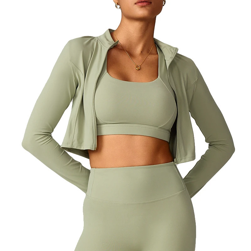 Zipper Spandex/Nylon Stand Collar Loose Solid Outdoor Running Sports Yoga Jacket Slimming Fitness Long Sleeve Women Quick-drying