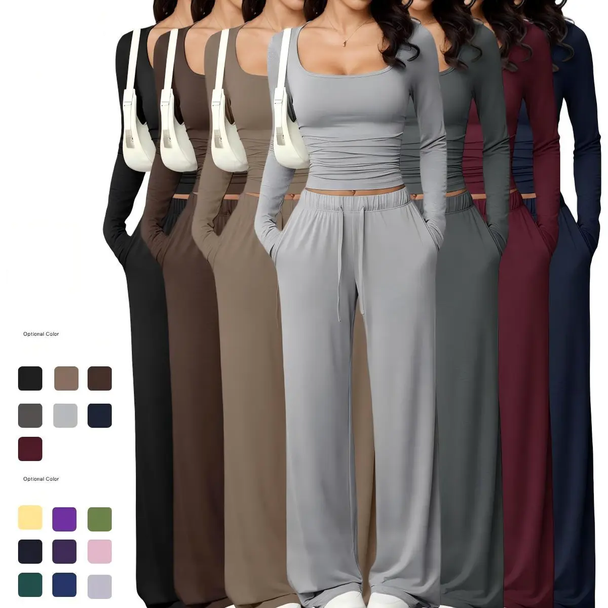 Solid Color Comfort Women's Long-sleeved Top & High-waisted Pants Yoga Set Stretch Casual Breathable 2-Piece Gym Fitness Set