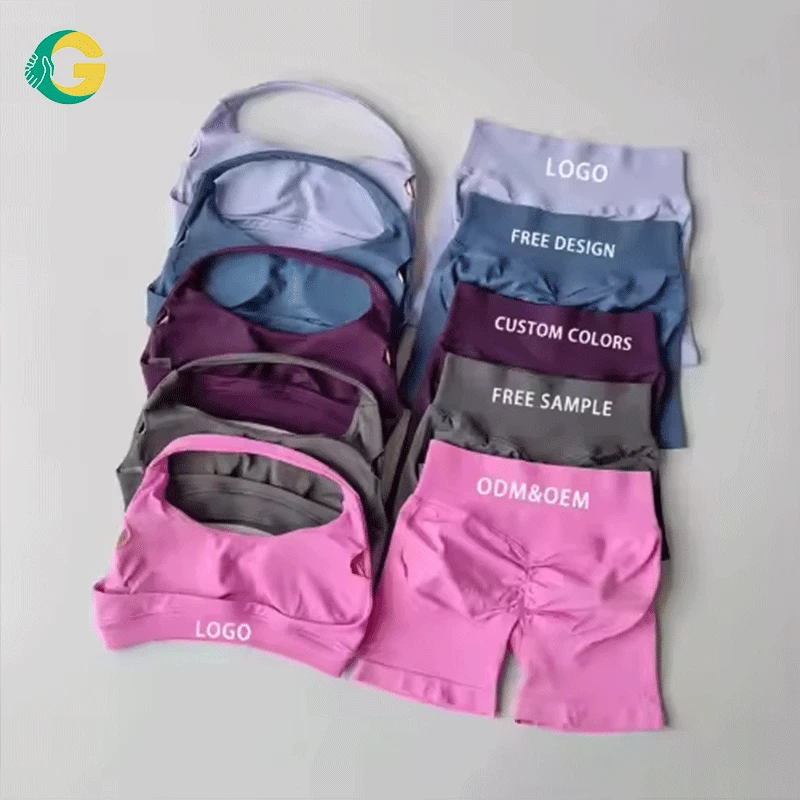 Impact Workout Sets for Women 2 Piece Twist Front Halter Sports Bras Booty Shorts Exercise Gym Yoga Gym Fitness Sets Wholesale