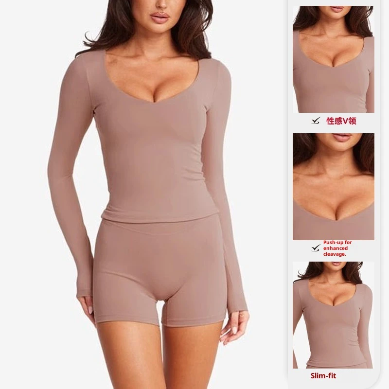Women Sexy V-Neck Yoga Tops for Women Long-Sleeved Slim-Fit Sports Top Fitness Outerwear