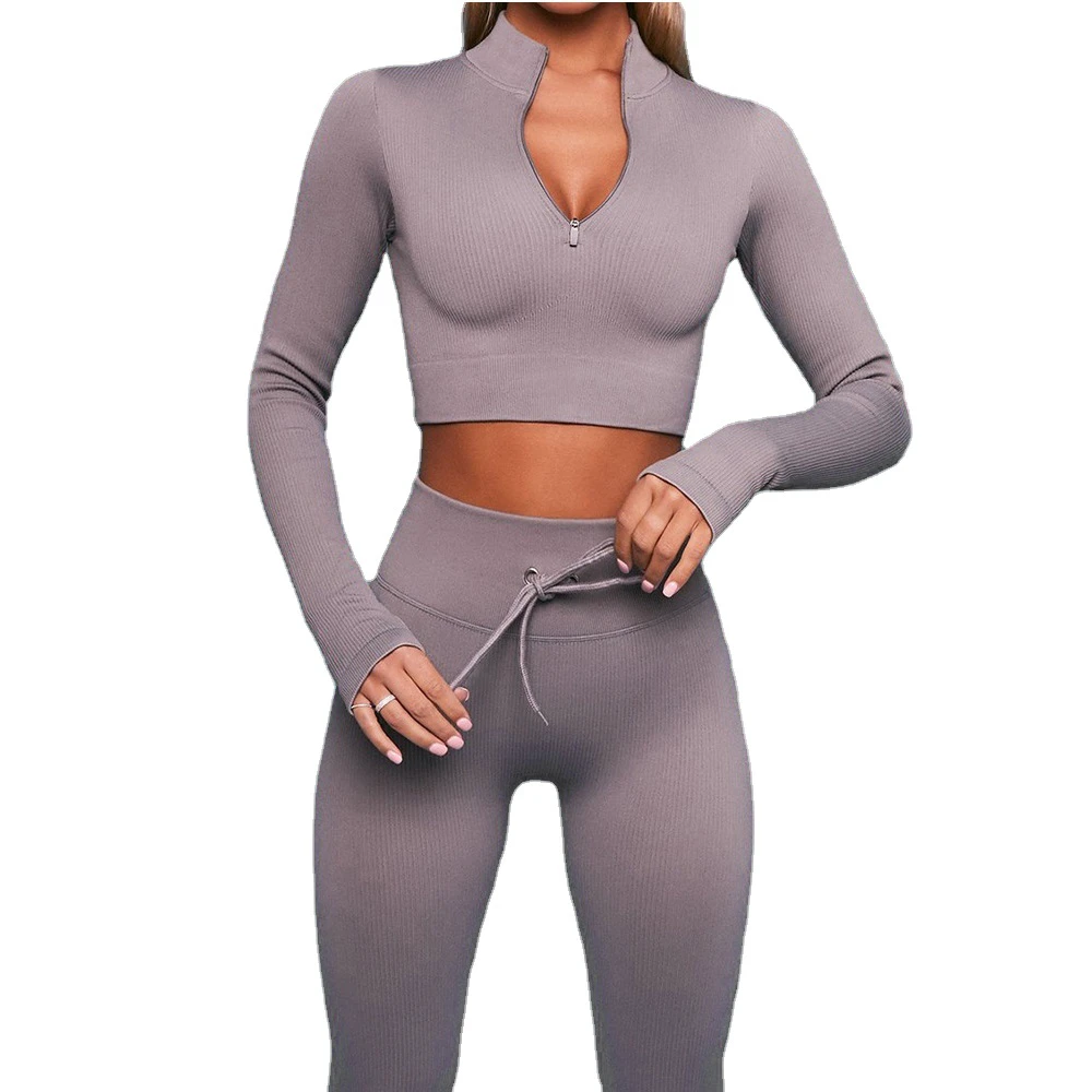 High Waist Ribbed Solid Yoga Set Breathable Waterproof 2-Piece Jogger Sportswear V-Neck Gym Quick Dry Plus Size 100% Polyester