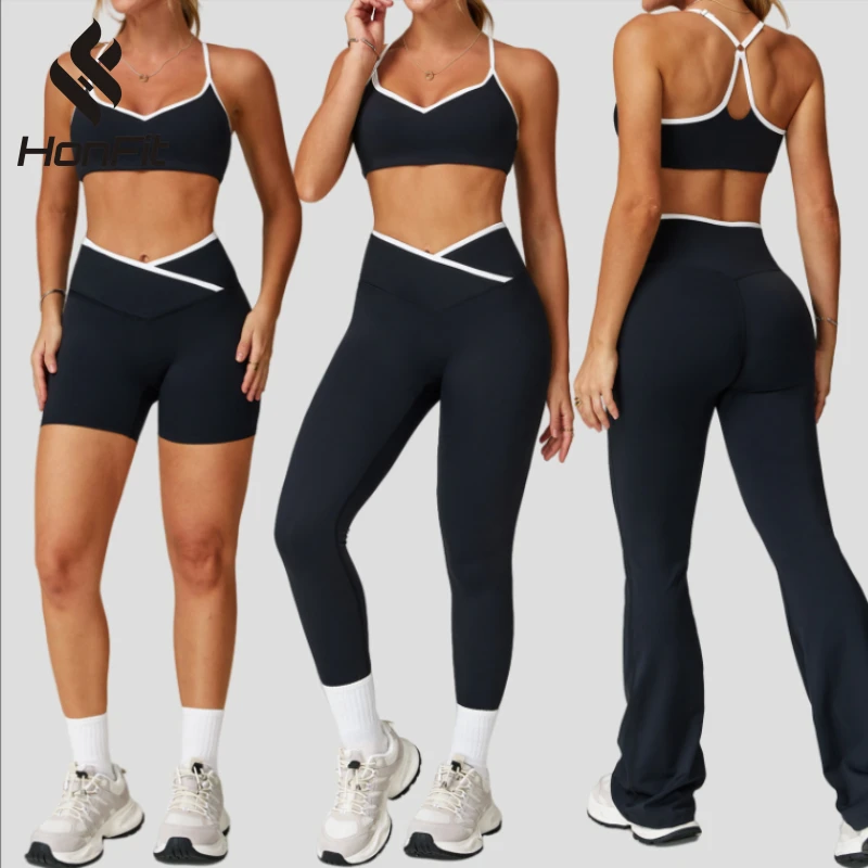 HONFIT New Cross High Waist Sports Suit for Women Contrast Color Tight Nude Yoga 4 Piece Set Quick Dry Gym Fitness Women's Set