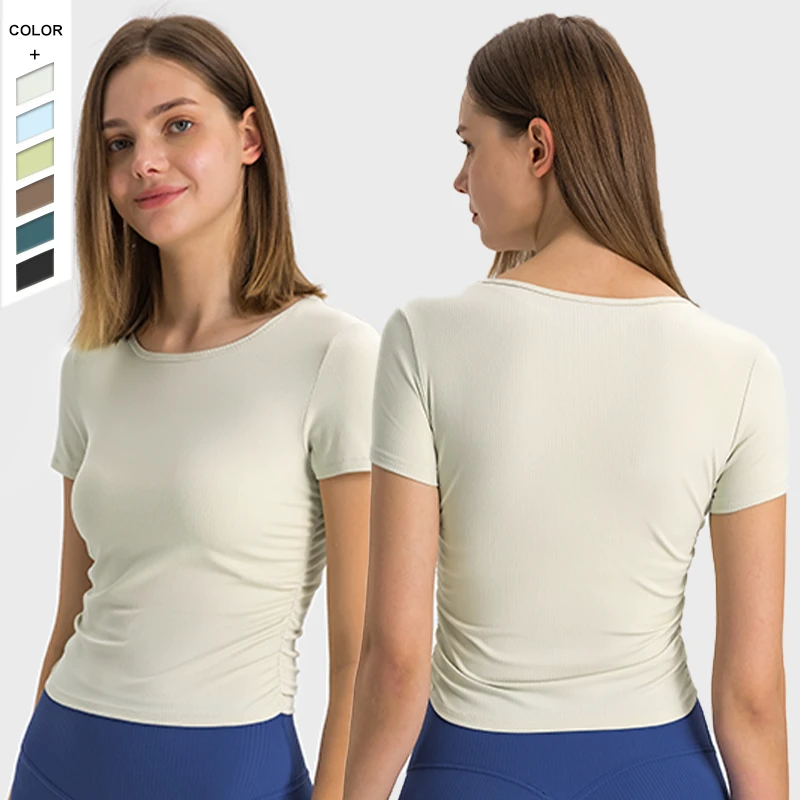 Women's Striped Ribbed High Elasticity Yoga Top Tshirt Breathable Slimming Workout Fitness Sports Short Sleeve Quick Dry Side