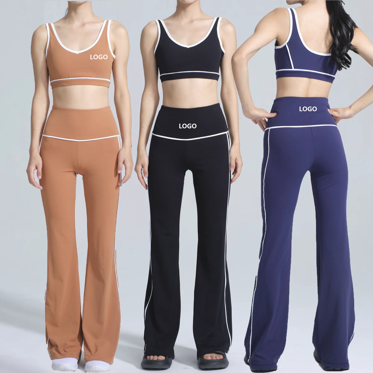 Custom Logo Contrast Color Striped Women Active 2 Piece Set V Neck Padded Bra Top High Waist Flared Pants Yoga Dance Gym Suit