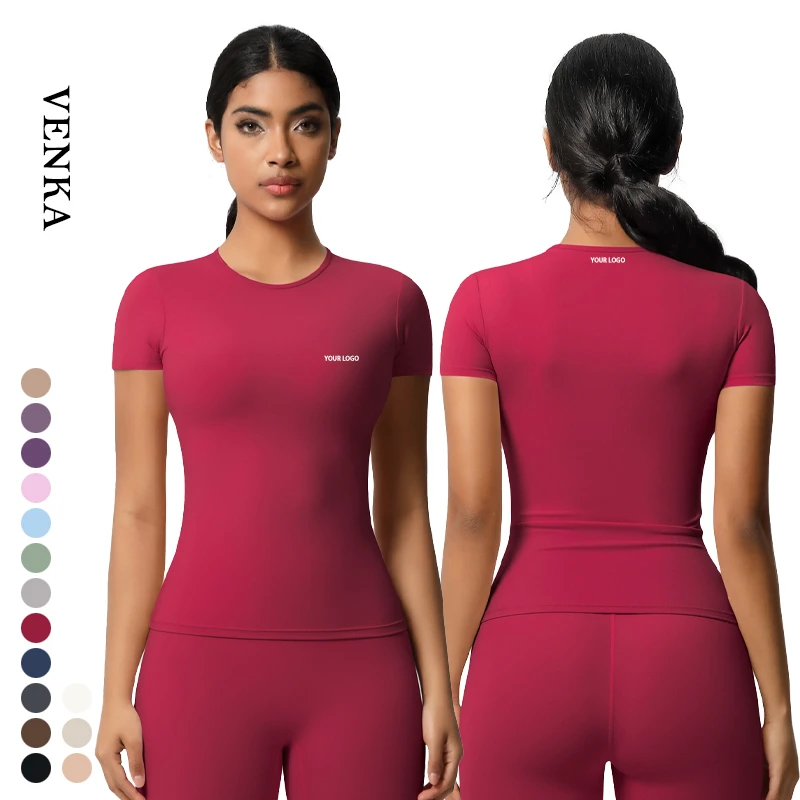 Soft Nude Feeling Fabric Women Gym Fitness Wear Round Neck Slim Fit Sportswear Women's Short Sleeve Yoga Workout T Shirt