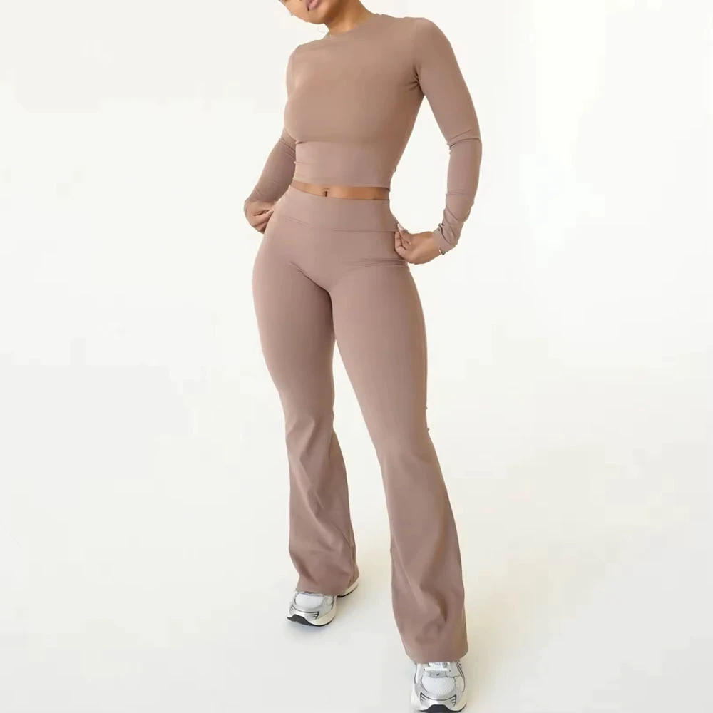 Women's Custom Breathable Fitness Sports 2-Piece Set Sweat-Wicking Long Sleeves Yoga Crop Top Yoga Flared Pants Leggings Sets