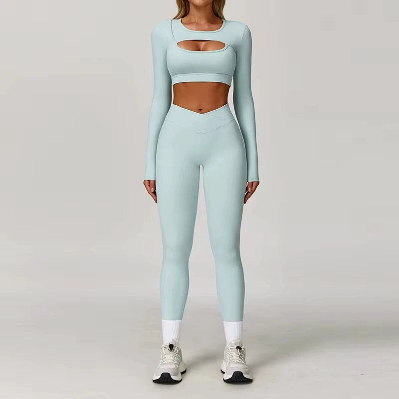 Hollow Out Design Seamless Yoga Set Long Sleeve Crop Top High Waist Leggings Yoga Set Sports Outfit for Gym Workout
