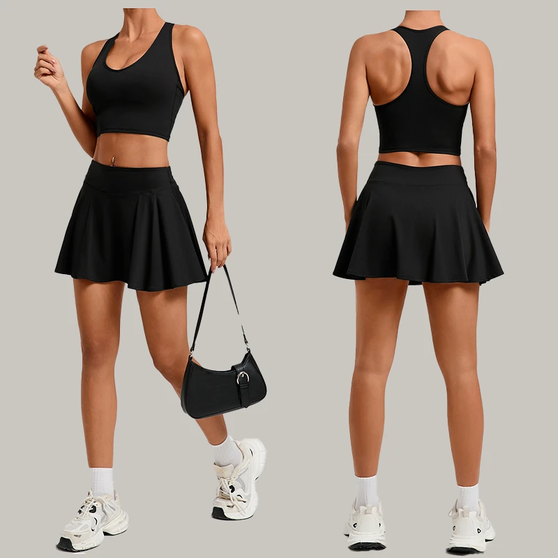 Strapless Sleeveless Lady One Piece Custom Sports Yoga Fitness High Quality Gym Workout Plus Size Skirt And Top Set For Women