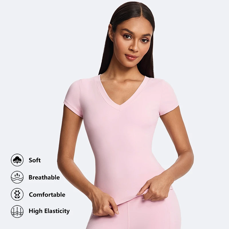 Manufacturer High Quality V-Neck Fitted Sports Gym Fitness Workout Yoga Top Custom Short Sleeve Pilates Lightweight Slim T-shirt