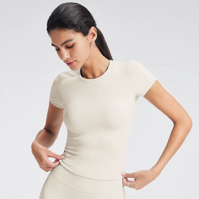 Women Round Neck Short Sleeve Sports Top Breathable Slim Fit Workout Fitness Gym Training Activewear Yoga Tee