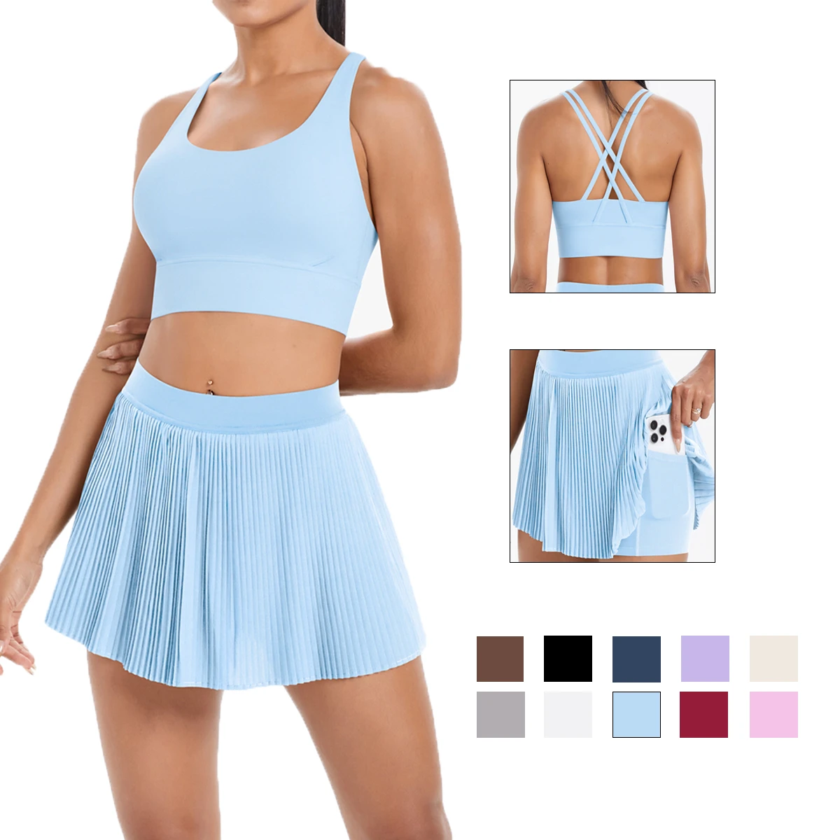 Women's Sexy Back Sports Bra Tennis Skirt Leotard Fitness Set New Yoga Set Breathable Anti-Slip Solid Lightweight Elastic Waist
