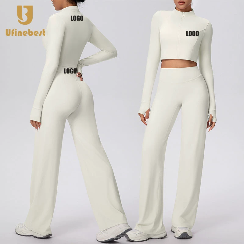 Women's Breathable Logo High Waisted Long-Sleeved Loose Straight V Shape Pants 2-Piece Fitness Yoga Suit Set