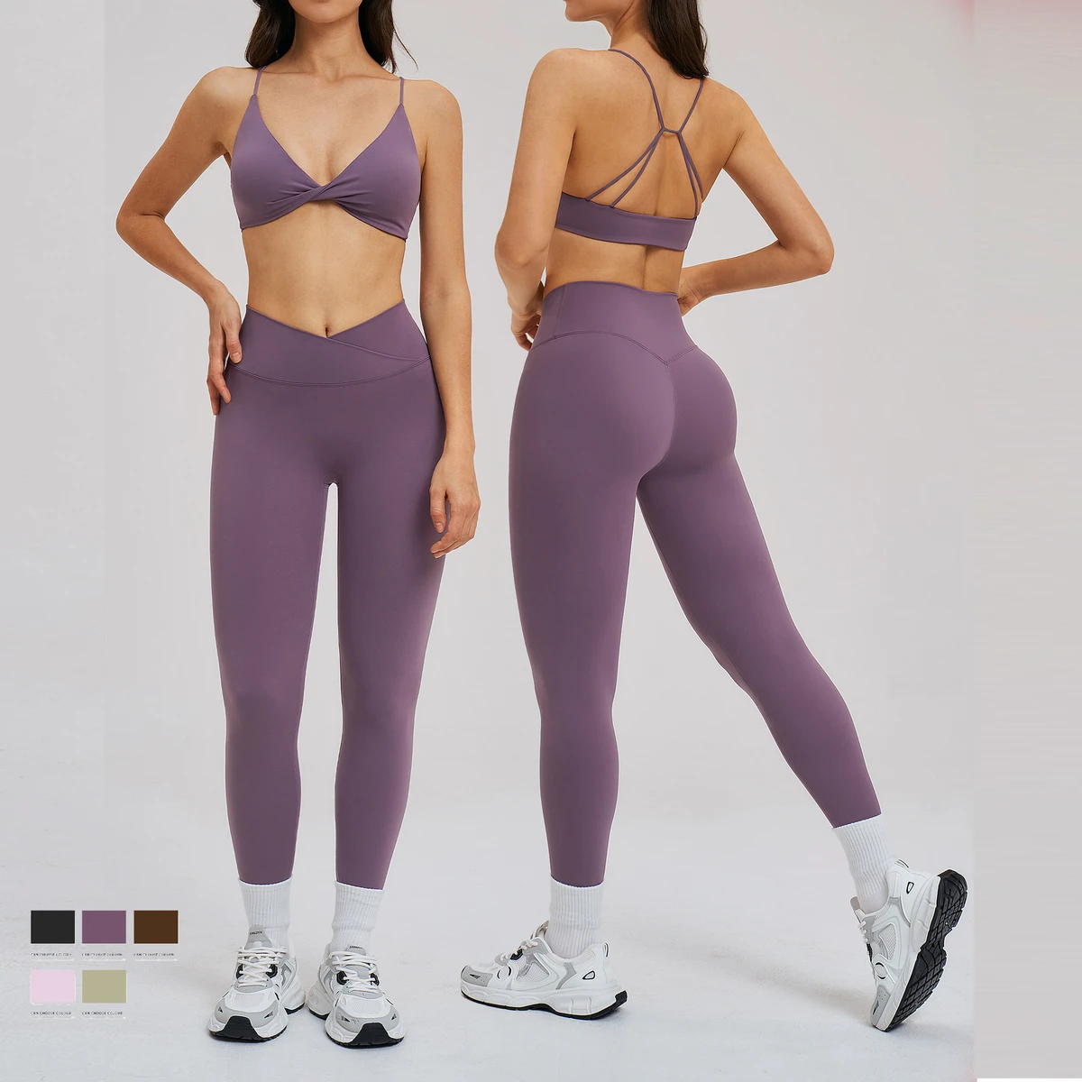 Women's High Elastic Front Pleated Bra Outdoor Sport Wear Gym Sets Solid V-shaped Waist Design Yoga Leggings Running Set