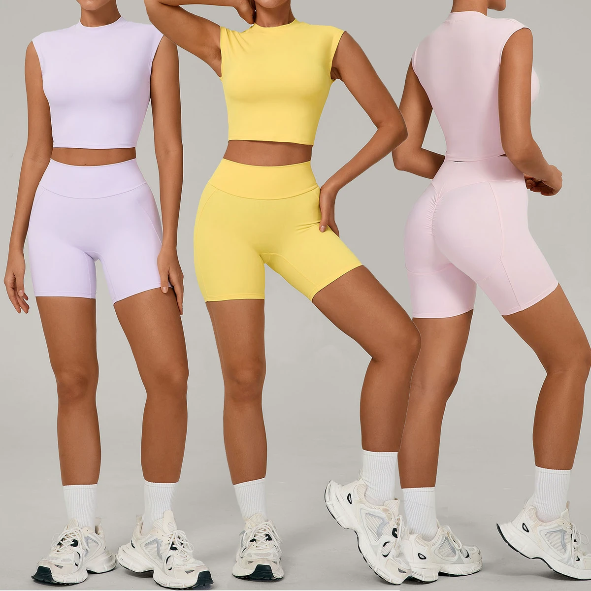 New Stylish Short Sleeve and Shorts 2 Piece Breathable Yoga Set Women Naked Feeling Sports Suits