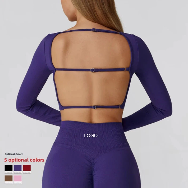 High-End Women's Sports Seamless Yoga Set Slim Fit Long Sleeve Top for Running Fitness Four-Way Stretch Breathable Hollow Back