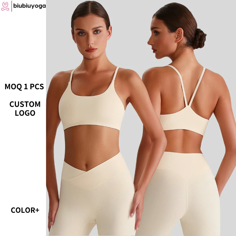 Women's Lightweight Breathable Ribbed Sports Bra Back Support Strappy Design for Yoga Running Gym Activewear for Spring Summer