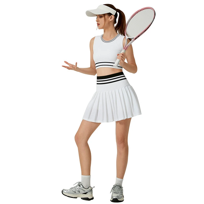 New Solid Above Knee Quick-drying Fitness Vest Sports Tennis Skirt Set Outdoor Breathable Anti-glare High Waist Yoga Skirt