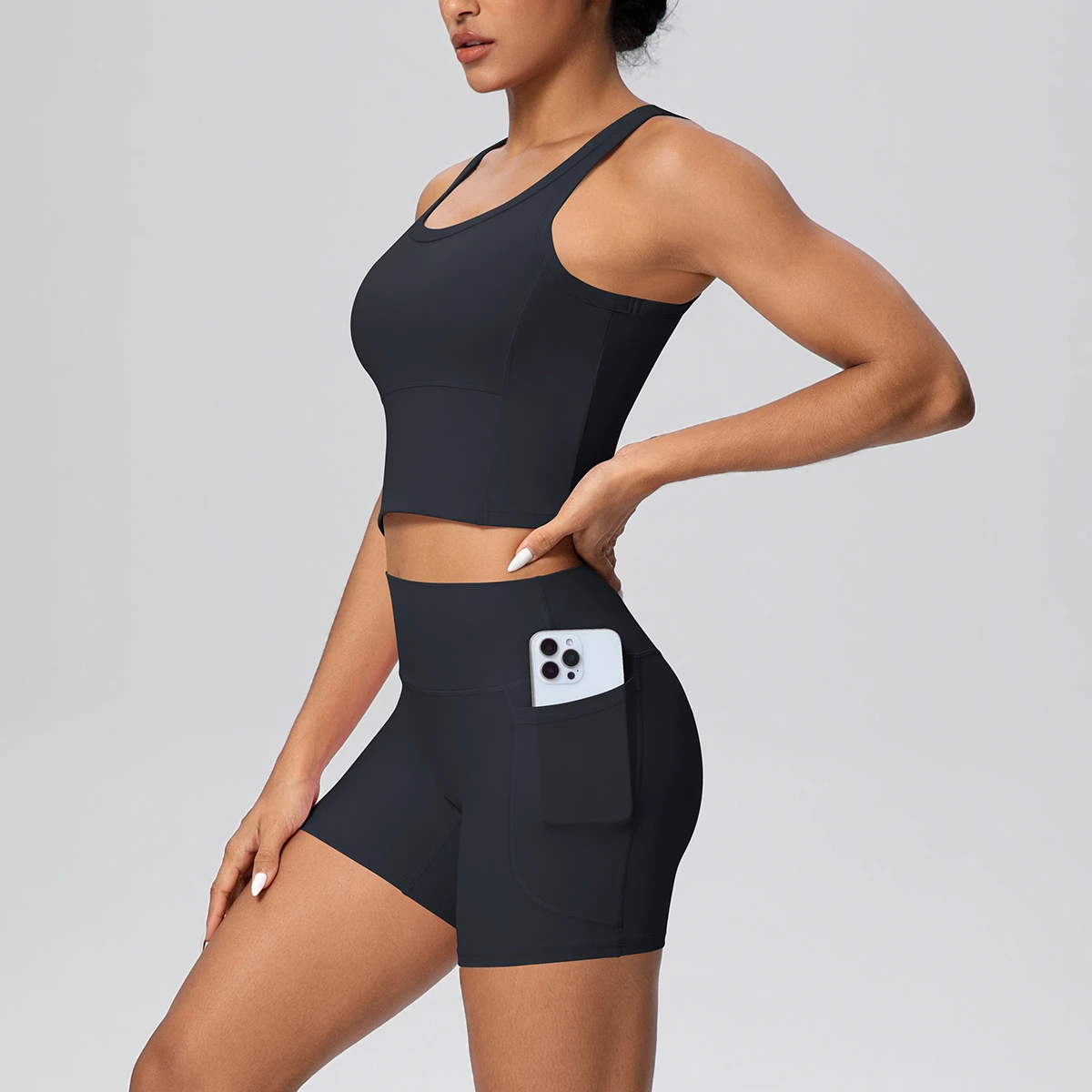 TongJoes Brushed Solid Lightweight Breathable Wrinkle-Resistant Scoop Neck Tank Top High Waist Pocket Pants Yoga Sports Fitness