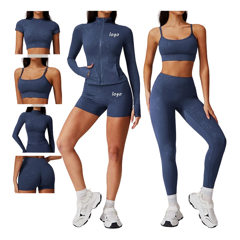 Fashion Hot Stamping Women Shockproof Bra Tight T Shirt Butt Lift Shorts Leggings Fitness Gym Sports Yoga Six Pieces Set