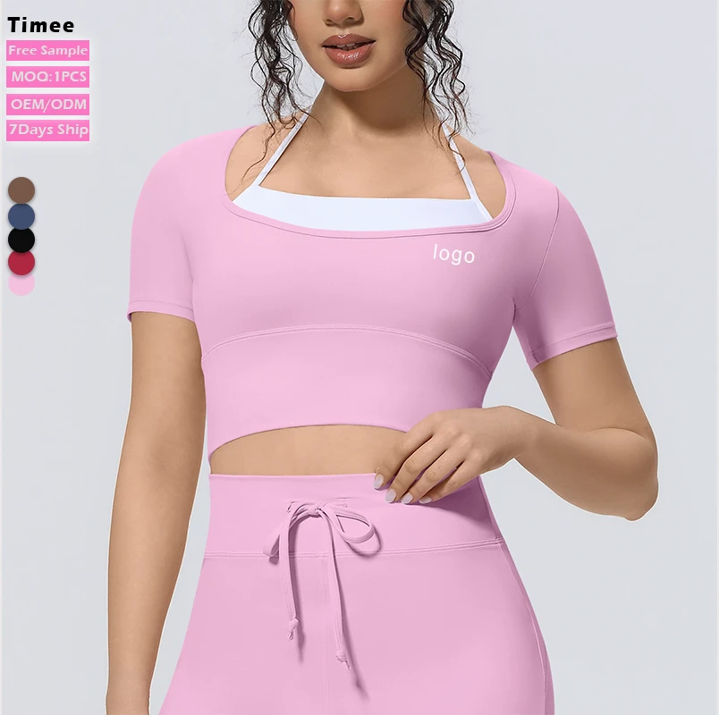 Color Block Sports Short Sleeve Top Halter Neck With Built in Pads Slim Fit Breathable Naked Feeling Women Yoga Top