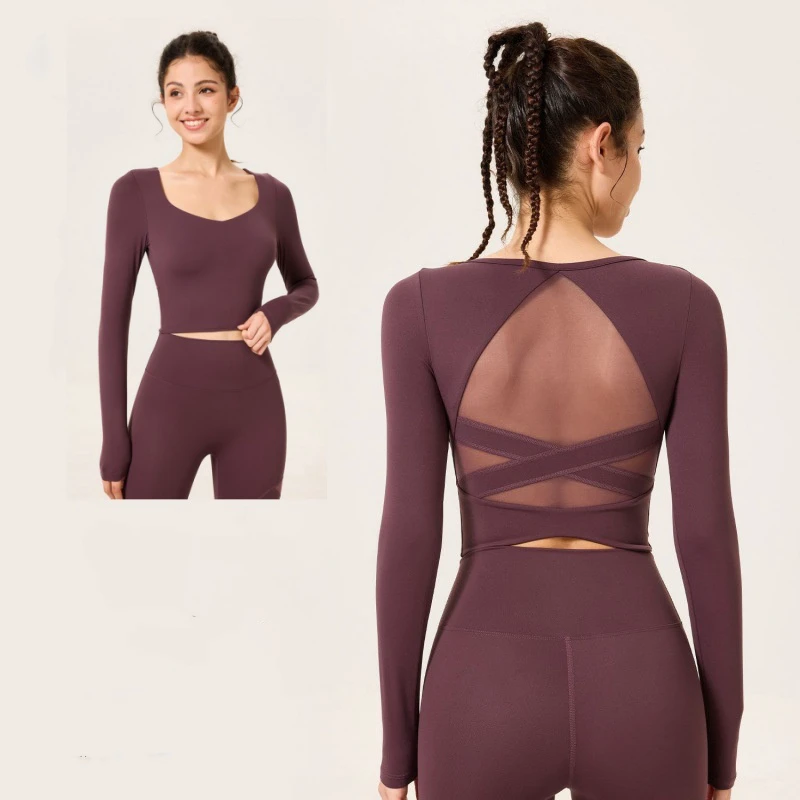 Breathable Cross Mesh Backless Long Sleeves Sports Gym T-Shirts Shockproof Padded Running Dance Pilates Yoga Crop Top Women