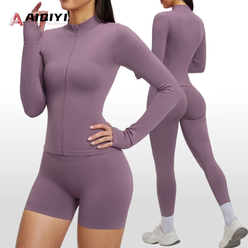 7755 Winter Seamless Stand-up Collar Zipper Yoga Wear Women's Jacket Windproof Slim-fit Warm Sports Running Top