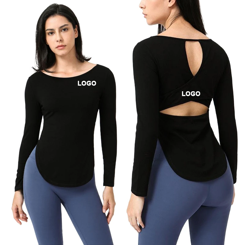 Women's Cross Backless Design Long Sleeve Slim Fit Yoga Top Fashionable Fitness Gym Wear with Lower Hem Slit Arc Breathable