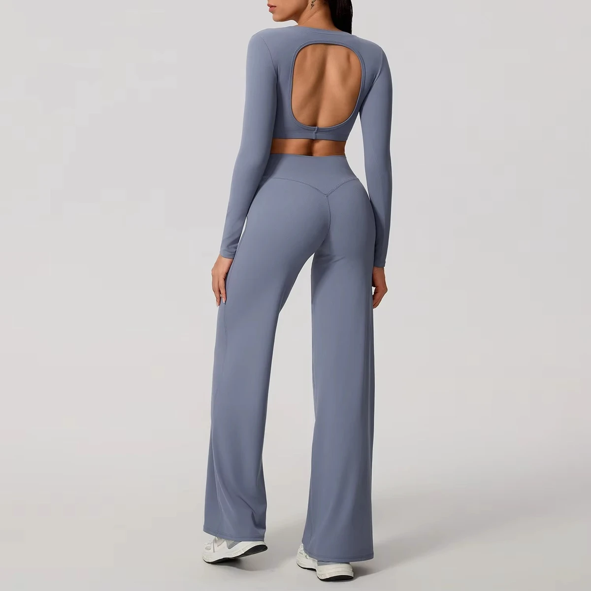 Backless Solid Plus Size Long Sleeve Crop Tops Nude Peach Flared Yoga Pants Sets Quick-drying Breathable Eco-Friendly