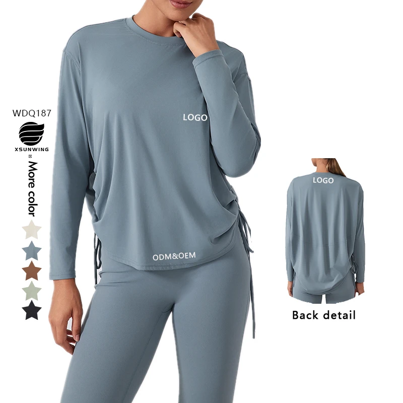 Xsunwing Women's Tops Quick Dry Breathable Drawstring Running Loose Sports T Shirts Long Sleeve Fitness Top Yoga Shirts WDQ187
