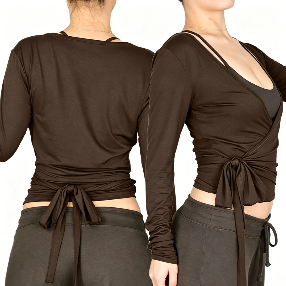 Deep V Neck Ladies Lightweight Long Sleeve Wrap Workout Top Tie Waist Cropped Yoga Shirt Soft Stretchy Low MOQ