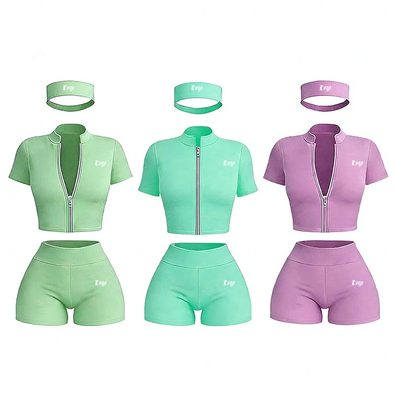 Custom Zip up Yoga Top and High Waist Shorts Leggings Gym Fitness Sportswear Workout Outfits Two Piece Set Women Clothing
