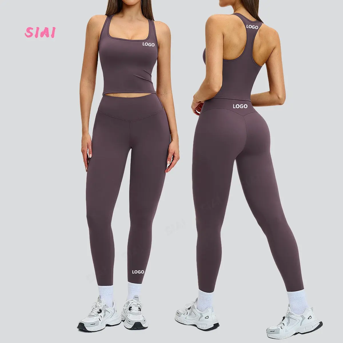 New Reversible Plus Size Gym Clothes Sportswear Tank Yoga Wrap Top Mid Waist Legging Lightweight Front Logo 2 Piece Yoga Set