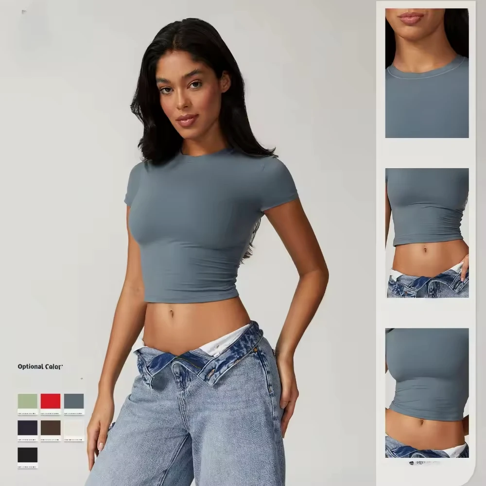 Women Custom LOGO Sexy Solid Color Short Sleeve Tight Casual Women High Stretch Round Neck T-shirt Quick Dry Yoga Tops