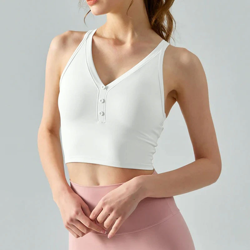Women's Premium V Neck Push up Yoga Bra Cross Back Decorative Buttons Removable Pads Breathable Gym Sports Bras for Running