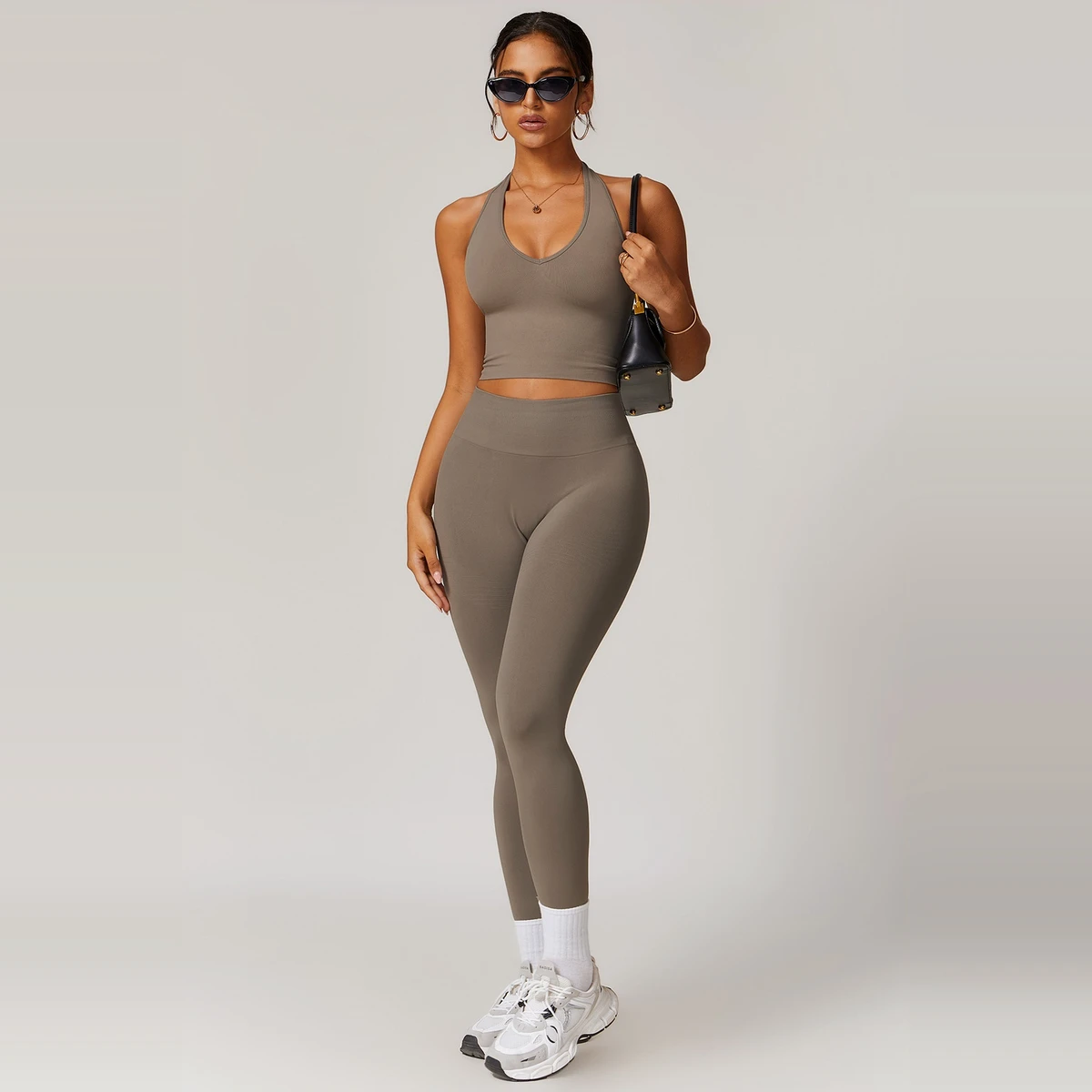 Second Skin Seamless Gym Set Women Racerback Sports Bra Compression Leggings Earth Brown Fitness Outfit