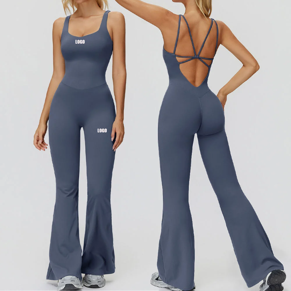 New Arrival One Piece Sleeveless Spaghetti Strap Yoga Jumpsuit Flare Leg Jumpsuit Womens Sportswear Rompers Women Jumpsuit