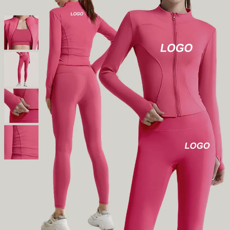 Women Quick Dry Shock Proof Yoga Sets 3 Piece Female Long Sleeve Coat With Long Pants Sports Bra Fitness Bra Yoga Suit Set